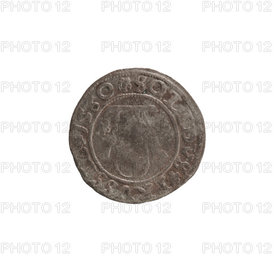 szelag; Lentz, Gerhard; Lauterbach, Casper, publisher; R1 (rarity); eagles; rosettes; Hohenzollern (coat of arms); Albrecht Hohenzollern (Prince of Prussia; 1490–1568). Obverse: Prussian eagle. On the rim, between the pearl borders, an inscription beginning with a tower - the mint master's mark; between the words, one dot: ALBERTVS DG DVX PRVSS. Reverse: the letter A with the Hohenzollern family coat of arms below; on both sides of the letters, one rosette. In the rim, between the pearl borders, an inscription beginning with a rosette; between the words, one rosette each: SOLIDVS PRVSSIE 156O (1560). Place/date: Königsberg, Ducal Prussia (1525–1701). Coin: diameter 20.0 mm; weight 1.03 g; axis 110 degrees.