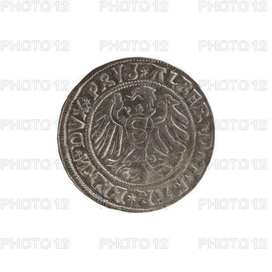 grosz; Straub (Strawb), Heinrich, publisher; Decjusz, Jost Ludwik (fl. 1528–1535); Wille, Albrecht (fl. 1520–?), publisher; R3 (rarity). Albrecht Hohenzollern (Prince of Prussia; 1490–1568) — iconography: Hohenzollern coat of arms, male busts in armour, eagles. Obverse: Prussian Eagle with on its breast a crowned letter S; on the rim, between pearly borders, inscription *ALBER*D*G*MAR*BRAN*DVX*PRVS*. Reverse: Male bust in armor in profile to the right, short hair, beard with sideburns; on the rim, between pearly borders, inscription beginning with the Hohenzollern coat of arms *IVSTVS*EX*FIDE*VIVIT*I5Z9*. 1529, Königsberg, Ducal Prussia (1525–1701). Coin: diameter 23.8 mm, weight 2.10 g, axis 45°.