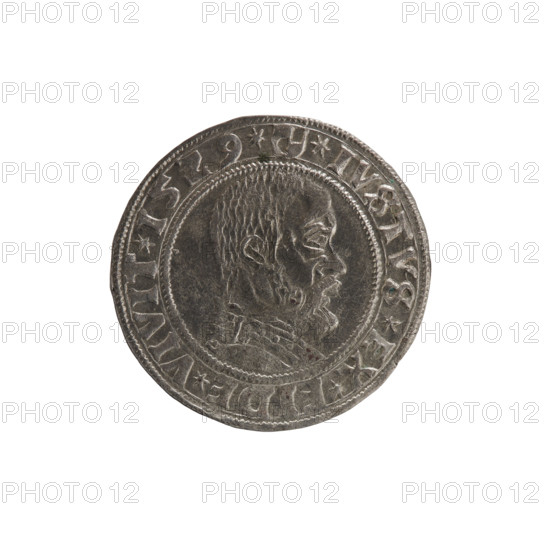 grosz; Straub (Strawb), Heinrich, publisher; Decjusz, Jost Ludwik (fl. 1528–1535); Wille, Albrecht (fl. 1520–? ), publisher; R3 (rarity). Albrecht Hohenzollern (Prince of Prussia; 1490–1568) — iconography: Hohenzollern coat of arms; male busts in armour; eagles; obverse: Prussian Eagle with on its breast a crowned letter S; on the rim, between pearly borders, inscription *ALBER*D*G*MAR*BRAN*DVX*PRVS*. Reverse: male bust in armor in profile turned to the right, short hair, beard with sideburns; on the rim, between pearly borders, an inscription beginning with the Hohenzollern coat of arms *IVSTVS*EX*FIDE*VIVIT*I5Z9*. 1529, Königsberg, Ducal Prussia (1525–1701). Coin; diameter 23.8 mm; weight 2.10 g; axis 45°.