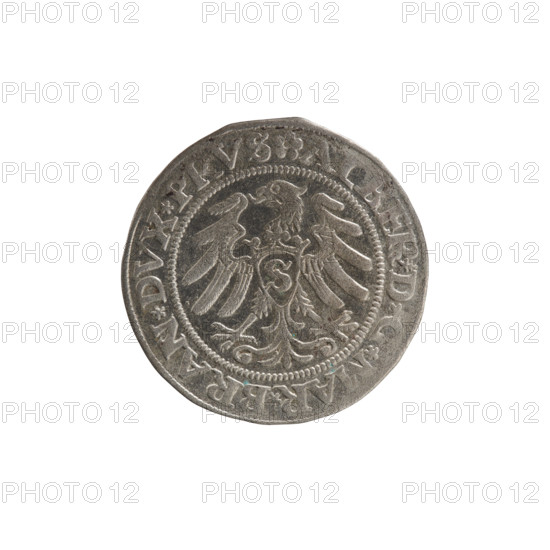 grosz; Straub (Strawb), Heinrich, publisher; Wille, Albrecht (fl. 1520-?), publisher; Decjusz, Jost Ludwik (fl. 1528-1535); R (rarity); Albrecht Hohenzollern (Prince of Prussia; 1490-1568) — iconography: eagles, male busts in armour, Hohenzollern coat of arms, Prussian Eagle with on its breast a crowned letter S. Obverse: Prussian Eagle; in the rim, between pearly borders, inscription beginning with a rosette: ALBER*D*G*MAR*BRAN*DVX*PRVS. Reverse: Male bust in armor in profile to the right, short hair, beard with sideburns; in the rim, between pearly borders, inscription beginning with the Hohenzollern coat of arms: *IVSTVS*EX*FIDE*VIVIT*I53O*. Date: 1530. Place: Königsberg, Ducal Prussia (1525–1701). Object: coin; diameter 22.8 mm; weight 1.86 g; axis 90 degrees.