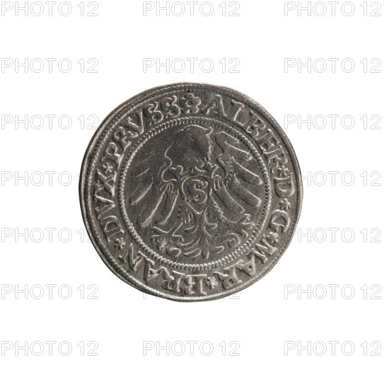 grosz; Straub (Strawb), Heinrich, publisher; Wille, Albrecht (fl. 1520-?), publisher; Decjusz, Jost Ludwik (fl. 1528-1535); R (rarity); eagles; Albrecht Hohenzollern (Prince of Prussia; 1490–1568) — iconography; Hohenzollern (coat of arms); male busts in armour; Aw. Prussian Eagle, on its breast the crowned letter S. In the rim, between the pearly borders, an inscription beginning with a rosette: ALBER*D*G*MAR*BRAN*DVX*PRVSS. Rw. Male bust in armor in profile turned to the right, short hair, beard with sideburns. In the rim, between the pearly borders, an inscription beginning with the Hohenzollern coat of arms: *IVSTVS*EX*FIDE*VIVIT*I53O*. 1530, Königsberg, Ducal Prussia (1525–1701). Coin; diameter 23.5 mm; weight 1.91 g; axis 45°.