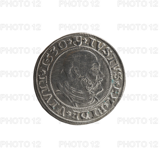 grosz; Straub (Strawb), Heinrich, publisher; Wille, Albrecht (fl. 1520-?), publisher; Decjusz, Jost Ludwik (fl. 1528-1535); R (rarity). Obverse: Aw. Prussian Eagle, on its breast the crowned letter S. In the rim, between the pearly borders, an inscription beginning with a rosette: ALBER*D*G*MAR*BRAN*DVX*PRVSS. Reverse: Male bust in armor in profile turned to the right, short hair, beard with sideburns. In the rim, between the pearly borders, an inscription beginning with the Hohenzollern coat of arms: *IVSTVS*EX*FIDE*VIVIT*I53O*. Iconography: eagles; Albrecht Hohenzollern (Prince of Prussia; 1490–1568) — coat of arms; male busts in armour. Date: 1530, Königsberg, Ducal Prussia (1525–1701). Object: coin (grosz), diameter 23.5 mm, weight 1.91 g, axis 45°.