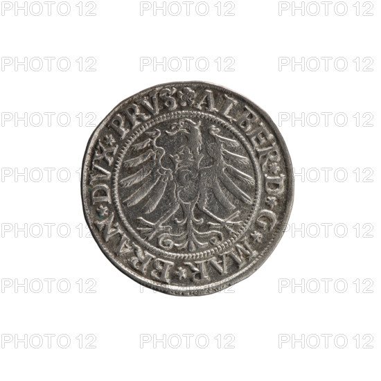 grosz, Straub (Strawb), Heinrich, publisher, Wille, Albrecht (fl. 1520-?), publisher, Decjusz, Jost Ludwik (fl. 1528-1535), R1 (rarity), Albrecht Hohenzollern (Prince of Prussia; 1490-1568) - iconography, eagles, Hohenzollern (coat of arms), male busts in armour, Aw. Prussian Eagle, on its breast a crowned letter S. Along the rim, between the pearly borders, an inscription beginning with a rosette ALBER*D*G*MAR*BRAN*DVX*PRVS. Rw. Male bust in armor, profile turned to the right, short hair, beard with sideburns. Along the rim, between the pearly borders, an inscription beginning with the Hohenzollern coat of arms *IVSTVS*EX*FIDE*VIVIT*I53I*. 1531, Königsberg, Ducal Prussia (1525-1701), coin: diameter 23.0 mm, weight 2.02 g, axis 200 degrees.