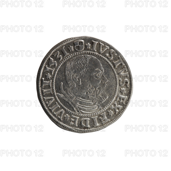 grosz; Straub (Strawb), Heinrich, publisher; Wille, Albrecht (fl. 1520-?), publisher; Decjusz, Jost Ludwik (fl. 1528-1535); R1 (rarity); Albrecht Hohenzollern (Prince of Prussia; 1490-1568) — iconography: eagles, Hohenzollern (coat of arms), male busts in armour; Aw. Prussian Eagle, on its breast a crowned letter S. Along the rim, between the pearly borders, an inscription beginning with a rosette ALBER*D*G*MAR*BRAN*DVX*PRVS. Rw. Male bust in armor, profile turned to the right, short hair, beard with sideburns. Along the rim, between the pearly borders, an inscription beginning with the Hohenzollern coat of arms *IVSTVS*EX*FIDE*VIVIT*I53I*. 1531, Königsberg, Ducal Prussia (1525-1701). Coin: diameter 23.0 mm, weight 2.02 g, axis 200 degrees.