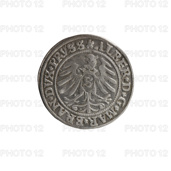 grosz, Straub (Strawb), Heinrich, publisher, Wille, Albrecht (fl. 1520-?), publisher, Decjusz, Jost Ludwik (fl. 1528-1535), R1 (rarity), eagles, Albrecht Hohenzollern (Prince of Prussia; 1490-1568) - iconography, Hohenzollern (coat of arms), male busts in armour, Aw. Prussian Eagle, on its breast a crowned letter S. Along the rim, between the pearly borders, an inscription beginning with a rosette ALBER*D*G*MAR*BRAN*DVX*PRVSS Rw. Male bust in armor, profile turned to the right, short hair, beard with sideburns. Along the rim, between the pearly borders, an inscription beginning with the Hohenzollern coat of arms *IVSTVS*EX*FIDE*VIVIT*I53I*, 1531, Königsberg, Ducal Prussia (1525-1701), coin, diameter 23.0 mm, weight 1.93 g, axis 180 degrees.