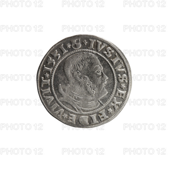 grosz; Straub (Strawb), Heinrich, publisher; Wille, Albrecht (fl. 1520-?), publisher; Decjusz, Jost Ludwik (fl. 1528-1535); R1 (rarity). Obverse: Prussian Eagle with on its breast a crowned letter S; along the rim between pearly borders an inscription beginning with a rosette ALBER*D*G*MAR*BRAN*DVX*PRVSS. Reverse: male bust in armor, profile right, short hair, beard with sideburns; along the rim between pearly borders an inscription beginning with the Hohenzollern coat of arms *IVSTVS*EX*FIDE*VIVIT*I53I*. Date: 1531, Königsberg, Ducal Prussia (1525–1701). Coin: diameter 23.0 mm, weight 1.93 g, axis 180°. Hohenzollern (coat of arms); Albrecht Hohenzollern (Prince of Prussia; 1490–1568) — iconography.
