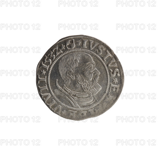 grosz, Straub (Strawb), Heinrich, publisher, Wille, Albrecht (fl. 1520-?), publisher, Decjusz, Jost Ludwik (fl. 1528-1535), eagles, male busts in armour, Hohenzollern (coat of arms), Albrecht Hohenzollern (prince of Prussia; 1490-1568) - iconography, Prussian eagle with on its breast a crowned letter S. Along the rim, between the pearly borders, an inscription beginning with a rosette ALBER*D*G*MAR, DVX*PRVSS. Male bust in armor, profile turned to the right, short hair, beard with sideburns. Along the rim, between the pearly borders, an inscription beginning with the Hohenzollern coat of arms *IVSTVS*E, VIVIT*I53Z*, 1532, Königsberg, Ducal Prussia (1525-1701), coin: diameter 22.8 mm, weight 1.94 g, axis 340 degrees.