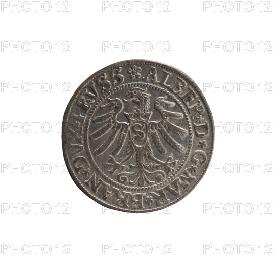 grosz, Wille, Albrecht (fl. 1520-?), publisher; Straub (Strawb), Heinrich, publisher; Decjusz, Jost Ludwik (fl. 1528-1535). Eagles; Albrecht Hohenzollern (Prince of Prussia; 1490-1568) — iconography. Male busts in armour; Hohenzollern (coat of arms). Aw. Prussian Eagle, on its breast a crowned letter S. Along the rim, between the pearly borders, an inscription beginning with a rosette ALBER*D*G*MAR*BRAN*DVX*PRVSS. Rw. Male bust in armor, profile turned to the right, short hair, beard with sideburns. Along the rim, between the pearly borders, an inscription beginning with the Hohenzollern coat of arms *IVSTVS*EX*FIDE*VIVIT*I53Z*. 1532, Königsberg, Ducal Prussia (1525–1701). Coin: diameter 22.9 mm, weight 1.95 g, axis 220°.
