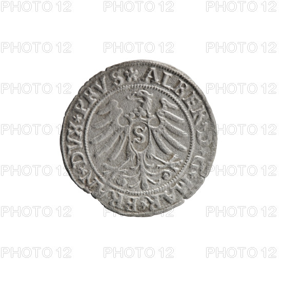 grosz; Straub (Strawb), Heinrich, publisher; Wille, Albrecht (fl. 1520-?), publisher; Decjusz, Jost Ludwik (fl. 1528-1535). Eagles; Albrecht Hohenzollern (Prince of Prussia; 1490–1568) — iconography; Hohenzollern (coat of arms). Male busts in armour. Obverse: Prussian eagle, on its breast a crowned letter S; along the rim, between the pearly borders, an inscription beginning with a rosette ALBER*D*G*MAR*BRAN*DVX*PRVS. Reverse: male bust in armor, profile turned to the right, short hair, beard with sideburns; along the rim, between the pearly borders, an inscription beginning with the Hohenzollern coat of arms *IVSTVS*EX*FIDE*VIVIT*I53Z*. Date: 1532, Königsberg, Ducal Prussia (1525–1701). Coin; diameter 22.8 mm; weight 1.27 g; axis 135°.