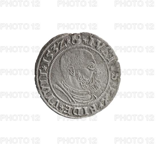 grosz; Straub (Strawb), Heinrich, publisher; Wille, Albrecht (fl. 1520-?), publisher; Decjusz, Jost Ludwik (fl. 1528-1535). Eagles; Albrecht Hohenzollern (Prince of Prussia; 1490–1568) — iconography; Hohenzollern (coat of arms). Male busts in armour. Aw. Prussian eagle, on its breast a crowned letter S. Along the rim, between the pearly borders, an inscription beginning with a rosette ALBER*D*G*MAR*BRAN*DVX*PRVS. Rw. Male bust in armor, profile turned to the right, short hair, beard with sideburns. Along the rim, between the pearly borders, an inscription beginning with the Hohenzollern coat of arms *IVSTVS*EX*FIDE*VIVIT* I53Z*. 1532, Königsberg, Ducal Prussia (1525–1701). Coin; diameter 22.8 mm; weight 1.27 g; axis 135°.