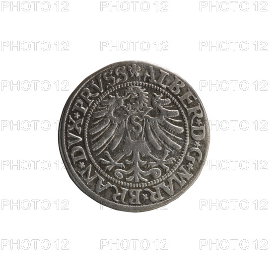 Albrecht Hohenzollern (Prince of Prussia; 1490–1568) — coin, 1533, Königsberg, Ducal Prussia (1525–1701). Obverse: male bust in armor, profile turned right, short hair, beard with sideburns; along the rim between pearly borders an inscription beginning with a rosette ALBER*D*G*MAR*BRAN*DVX*PRVSS. Reverse: Prussian eagle on its breast a crowned letter S; along the rim between pearly borders an inscription beginning with the Hohenzollern coat of arms shield *IVSTVS*EX*FIDE*VIVIT* I533. Diameter 22.8 mm; weight 1.86 g; axis 0°. Publishers/engravers: Grosz; Straub (Strawb); Heinrich; Wille, Albrecht (fl. 1520–?); Decjusz, Jost Ludwik (fl. 1528–1535). Iconography: eagles, Hohenzollern coat of arms, male busts in armour; Aw. Prussian Eagle.