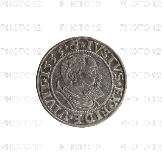 grosz; Straub (Strawb), Heinrich, publisher; Wille, Albrecht (fl. 1520-?), publisher; Decjusz, Jost Ludwik (fl. 1528-1535); Albrecht Hohenzollern (Prince of Prussia; 1490-1568) — iconography: eagles, Hohenzollern (coat of arms), male busts in armour; Aw. Prussian Eagle, on its breast a crowned letter S. Along the rim, between the pearly borders, an inscription beginning with a rosette ALBER*D*G*MAR*BRAN*DVX*PRVSS. Rw. Male bust in armor, profile turned to the right, short hair, beard with sideburns. Along the rim, between the pearly borders, an inscription beginning with the Hohenzollern coat of arms shield *IVSTVS*EX*FIDE*VIVIT*I533*. 1533, Königsberg, Ducal Prussia (1525–1701). Coin: diameter 22.8 mm, weight 1.86 g, axis 0°.