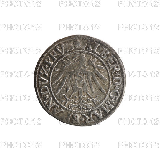 grosz, Straub (Strawb), Heinrich, publisher, Wille, Albrecht (fl. 1520-?), publisher, Decjusz, Jost Ludwik (fl. 1528-1535), eagles, Albrecht Hohenzollern (Prince of Prussia; 1490-1568) - iconography, Hohenzollern (coat of arms), male busts in armour, Aw. Prussian Eagle, on its breast a crowned letter S. Along the rim, between the pearly borders, an inscription beginning with a rosette ALBER*D*G*MAR*B, AN*DVX*PRV. Rw. Male bust in armor, profile turned to the right, short hair, beard with sideburns. Along the rim, between the pearly borders, an inscription beginning with the Hohenzollern coat of arms shield *IVSTVS*EX*FIDE*VIVIT*I533*, 1533, Königsberg, Ducal Prussia (1525-1701), coin, diameter 23.3 mm, weight 1.78 g, axis 30 degrees.