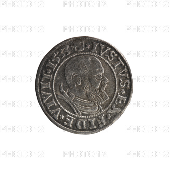 grosz, Straub (Strawb), Heinrich, publisher, Wille, Albrecht (fl. 1520-?), publisher, Decjusz, Jost Ludwik (fl. 1528-1535), eagles, Albrecht Hohenzollern (Prince of Prussia; 1490-1568) - iconography, Hohenzollern (coat of arms), male busts in armour, Aw. Prussian Eagle, on its breast a crowned letter S. Along the rim, between the pearly borders, an inscription beginning with a rosette ALBER*D*G*MAR*B, AN*DVX*PRV. Rw. Male bust in armor, profile turned to the right, short hair, beard with sideburns. Along the rim, between the pearly borders, an inscription beginning with the Hohenzollern coat of arms shield *IVSTVS*EX*FIDE*VIVIT*I533*. 1533, Königsberg, Ducal Prussia (1525-1701). Coin: diameter 23.3 mm, weight 1.78 g, axis 30 degrees.