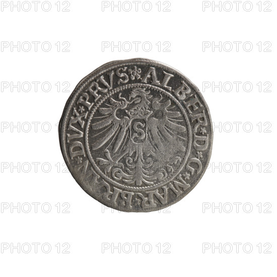 grosz; Straub (Strawb), Heinrich, publisher; Wille, Albrecht (fl. 1520-?), publisher; Decjusz, Jost Ludwik (fl. 1528-1535). Albrecht Hohenzollern (Prince of Prussia; 1490–1568) — iconography: eagles, Hohenzollern coat of arms, male busts in armour. Obverse: Prussian Eagle, on its breast a crowned letter S; along the rim, between pearly borders, inscription beginning with a rosette ALBER*D*G*MAR*BRAN*DVX*PRVS. Reverse: male bust in armor, profile turned to the right, short hair, beard with sideburns; along the rim, between pearly borders, inscription beginning with the Hohenzollern coat of arms shield *IVSTVS*, *FIDE*VIVIT*I533*. Date: 1533, Königsberg, Ducal Prussia (1525–1701). Object: coin; diameter 23.0 mm; weight 1.95 g; axis 0°.