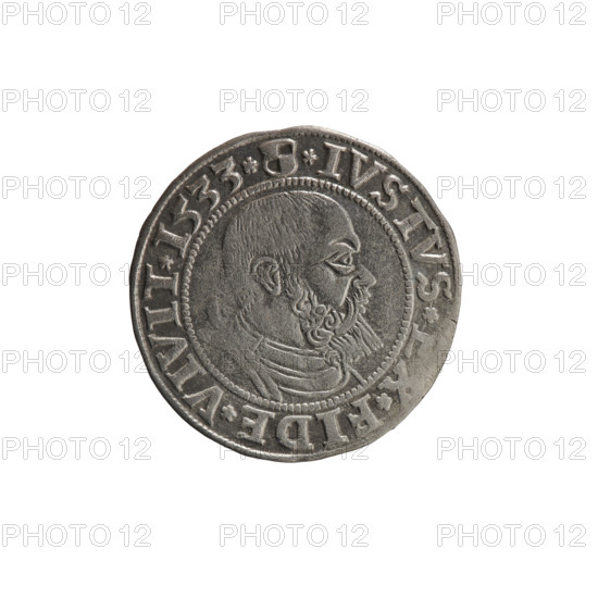 grosz; Straub (Strawb), Heinrich, publisher; Wille, Albrecht (fl. 1520-?), publisher; Decjusz, Jost Ludwik (fl. 1528-1535); Albrecht Hohenzollern (Prince of Prussia; 1490-1568) — iconography: eagles; Hohenzollern (coat of arms); male busts in armour; Prussian Eagle with on its breast a crowned letter S. Along the rim, between the pearly borders, an inscription beginning with a rosette ALBER*D*G*MAR*BRAN*DVX*PRVS. Reverse: male bust in armor, profile right, short hair, beard with sideburns. Along the rim, between the pearly borders, an inscription beginning with the Hohenzollern coat of arms shield *IVSTVS*, *FIDE*VIVIT*I533*. 1533, Königsberg, Ducal Prussia (1525–1701). Coin: diameter 23.0 mm, weight 1.95 g, axis 0°.