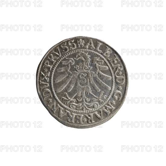 grosz; Wille, Albrecht (fl. 1520-?), publisher; Straub (Strawb), Heinrich, publisher; Decjusz, Jost Ludwik (fl. 1528-1535); eagles; Albrecht Hohenzollern (Prince of Prussia; 1490-1568) - iconography; Hohenzollern (coat of arms); male busts in armour; Aw. Prussian Eagle, on its breast a crowned letter S. Along the rim, between the pearly borders, an inscription beginning with a rosette ALBER*D*G*MAR*BRAN*DVX*PRVSS. Rw. Male bust in armor, profile turned to the right, short hair, beard with sideburns. Along the rim, between the pearly borders, an inscription beginning with the Hohenzollern coat of arms *IVSTVS*EX*FIDE*VIVIT*I533*. 1533, Königsberg, Ducal Prussia (1525-1701). Coin: diameter 22.9 mm, weight 1.99 g, axis 45 degrees.