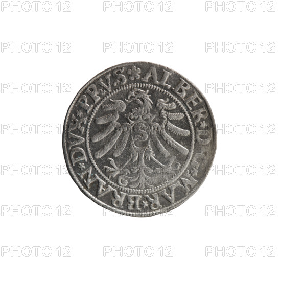 grosz, Wille, Albrecht (fl. 1520-?), publisher; Decius, Jost Ludwik (fl. 1528-1535); Straub (Strawb), Heinrich, publisher. Obverse: eagles; Albrecht Hohenzollern (Prince of Prussia; 1490–1568) — iconography; Hohenzollern (coat of arms); male bust in armour; Prussian Eagle, on its breast a crowned letter S. Along the rim, between the pearly borders, an inscription beginning with a rosette ALBER*D, *MAR*BRAN*DVX*PRVS. Reverse: male bust in armor, profile turned to the right, short hair, beard with sideburns. Along the rim, between the pearly borders, an inscription beginning with the Hohenzollern coat of arms *IV, VS*EX*FIDE*VIVIT*I533*. 1533, Königsberg, Ducal Prussia (1525–1701). Coin: diameter 22.8 mm; weight 2.06 g; axis 225°.