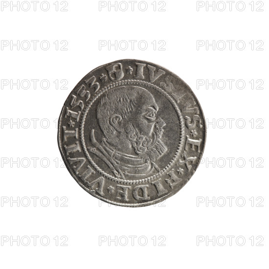 grosz, Wille, Albrecht (fl. 1520-?), publisher; Decius, Jost Ludwik (fl. 1528-1535); Straub (Strawb), Heinrich, publisher. Obverse: eagles, Albrecht Hohenzollern (Prince of Prussia; 1490–1568) — iconography; Hohenzollern coat of arms; male bust in armour; Prussian Eagle with on its breast a crowned letter S. Along the rim, between the pearly borders, an inscription beginning with a rosette ALBER*D, *MAR*BRAN*DVX*PRVS. Reverse: male bust in armor, profile turned to the right, short hair, beard with sideburns. Along the rim, between the pearly borders, an inscription beginning with the Hohenzollern coat of arms *IV, VS*EX*FIDE*VIVIT*I533*. Date: 1533, Königsberg, Ducal Prussia (1525–1701). Object: coin; diameter 22.8 mm; weight 2.06 g; axis 225°.