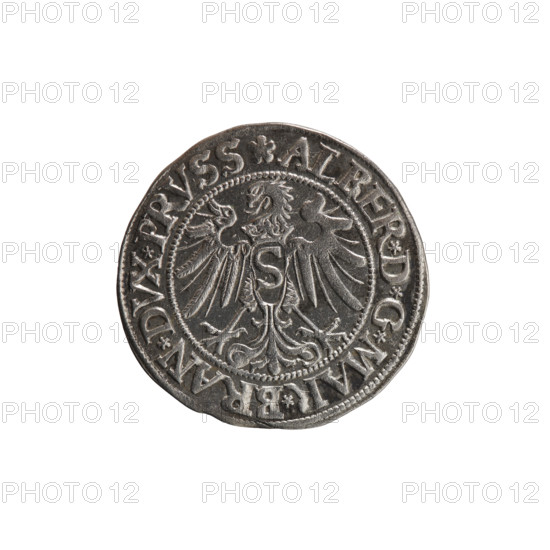 grosz, Wille, Albrecht (fl. 1520-?), publisher; Decjusz, Jost Ludwik (fl. 1528-1535); Straub (Strawb), Heinrich, publisher. Albrecht Hohenzollern (Prince of Prussia; 1490–1568) — iconography: male busts in armour; Hohenzollern coat of arms; Prussian eagle with on its breast a crowned letter S. Obverse: along the rim between pearly borders an inscription beginning with a rosette ALBER*D*G*MAR*BRAN*DVX*PRVSS. Reverse: male bust in armor, profile to the right, short hair, beard with sideburns; along the rim between pearly borders an inscription beginning with the Hohenzollern coat of arms, STVS*EX*FIDE*VIVIT*I534*. 1534, Königsberg, Ducal Prussia (1525–1701). Coin: diameter 23.3 mm, weight 1.94 g, axis 270°.