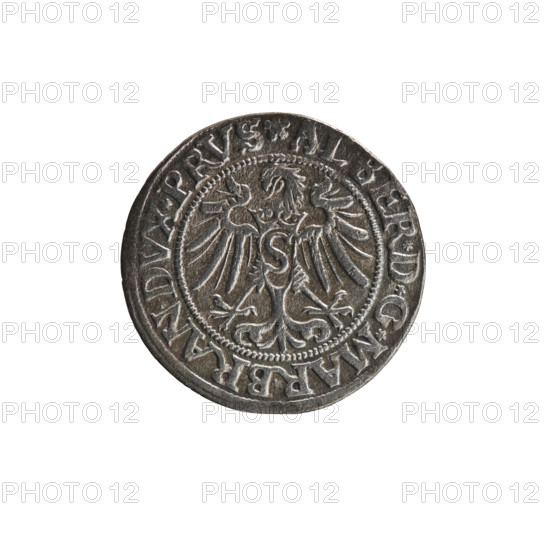 grosz, Wille, Albrecht (fl. 1520-?), publisher; Straub (Strawb), Heinrich, publisher; Decjusz, Jost Ludwik (fl. 1528-1535). Subject: eagles; Albrecht Hohenzollern (Prince of Prussia; 1490–1568) — iconography; Hohenzollern coat of arms; male busts in armour. Obverse: Prussian Eagle, on its breast a crowned letter S; along the rim between pearly borders an inscription beginning with a rosette ALBER*D*G*MAR*BRAN*DVX*PRVS. Reverse: male bust in armor, profile turned to the right, short hair, beard with sideburns; along the rim between pearly borders an inscription beginning with the Hohenzollern coat of arms *IVSTVS*EX*FIDE*VIVIT*I534*. Date: 1534. Place: Königsberg, Ducal Prussia (1525–1701). Object: coin (grosz), diameter 22.7 mm, weight 1.63 g, axis 45°.
