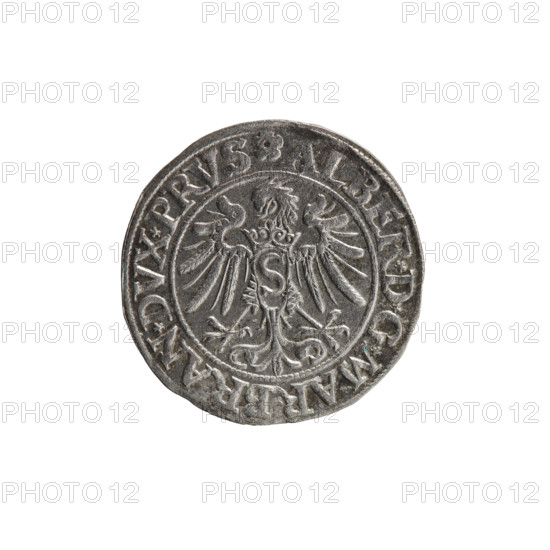 grosz; Straub (Strawb), Heinrich, publisher; Decjusz, Jost Ludwik (fl. 1528–1535); Wille, Albrecht (fl. 1520–? ), publisher. Albrecht Hohenzollern (Prince of Prussia; 1490–1568) — iconography: Hohenzollern coat of arms; male busts in armour. Obverse: Prussian eagle, on its breast a crowned letter S; along the rim between pearly borders, an inscription beginning with a rosette: ALBER*D*G*MAR*BRAN*DVX*PRVS. Reverse: male bust in armor, profile to the right, short hair, beard with sideburns; along the rim between pearly borders, beginning with the Hohenzollern coat of arms: *IVSTVS*EX*FIDE*VIVIT*I534*. Date: 1534, Königsberg, Ducal Prussia (1525–1701). Coin: diameter 23.1 mm; weight 2.04 g; axis 140°.