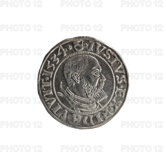 grosz; Straub (Strawb), Heinrich, publisher; Decjusz, Jost Ludwik (fl. 1528-1535); Wille, Albrecht (fl. 1520-?), publisher; eagles; Albrecht Hohenzollern (Prince of Prussia; 1490-1568) — iconography; Hohenzollern (coat of arms); male busts in armour; Aw. Prussian Eagle, on its breast a crowned letter S. Along the rim, between the pearly borders, an inscription beginning with a rosette ALBER*D*G*MAR*BRAN*DVX*PRVS. Rw. Male bust in armor, profile turned to the right, short hair, beard with sideburns. Along the rim, between the pearly borders, an inscription beginning with the Hohenzollern coat of arms *IVSTVS*EX*FIDE*VIVIT*I534*. 1534, Königsberg, Ducal Prussia (1525–1701). Coin. Diameter 23.1 mm; weight 2.04 g; axis 140°.