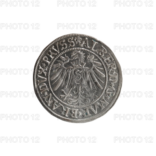 Grosz, Straub (Strawb), Heinrich, publisher; Wille, Albrecht (fl. 1520-?), publisher; Decjusz, Jost Ludwik (fl. 1528-1535). Albrecht Hohenzollern (Prince of Prussia; 1490–1568) — iconography: eagles, Hohenzollern (coat of arms), male busts in armour. Obverse: Prussian Eagle, on its breast a crowned letter S; along the rim, between pearly borders, an inscription beginning with a rosette ALBER*D*G*MAR*BRAN*DVX*PRVSS. Reverse: male bust in armor, profile turned to the right, short hair, beard with sideburns; along the rim, between pearly borders, an inscription beginning with the Hohenzollern coat of arms *IVSTVS*EX*FIDE*VIVIT*I533*. Date: 1533, Königsberg, Ducal Prussia (1525–1701). Coin: diameter 23.6 mm, weight 2.07 g, axis 180 degrees.