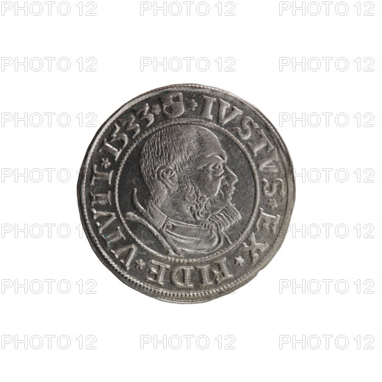 Albrecht Hohenzollern (Prince of Prussia; 1490–1568) — coin, 1533, Königsberg, Ducal Prussia (1525–1701). Obverse: male bust in armor, profile to the right, short hair, beard with sideburns; along the rim between pearly borders an inscription beginning with a rosette ALBER*D*G*MAR*BRAN*DVX*PRVSS. Reverse: Prussian eagle on its breast a crowned letter S; along the rim between the pearly borders an inscription beginning with the Hohenzollern coat of arms *IVSTVS*EX*FIDE*VIVIT*I533*. Coin diameter 23.6 mm, weight 2.07 g, axis 180°. Makers/publishers: Grosz; Straub (Strawb), Heinrich; Wille, Albrecht (fl. 1520–?); Decjusz, Jost Ludwik (fl. 1528–1535). Iconography: eagles, Hohenzollern coat of arms, male busts in armour.