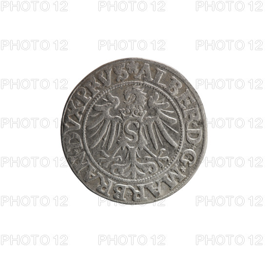grosz; Straub (Strawb), Heinrich, publisher; Wille, Albrecht (fl. 1520-?), publisher; Decjusz, Jost Ludwik (fl. 1528-1535); eagles; Albrecht Hohenzollern (Prince of Prussia; 1490-1568) - iconography; male busts in armour; Hohenzollern (coat of arms); Prussian Eagle, on its breast a crowned letter S. Along the rim, between the pearly borders, an inscription beginning with a rosette ALBER*D*G*MAR*BRAN*DVX*PRVS. Reverse: male bust in armor, profile turned to the right, short hair, beard with sideburns. Along the rim, between the pearly borders, an inscription beginning with the Hohenzollern coat of arms *IVSTVS*EX*FIDE*VIVIT*I534*. 1534, Königsberg, Ducal Prussia (1525-1701). Coin: diameter 22.6 mm, weight 1.91 g, axis 160 degrees.