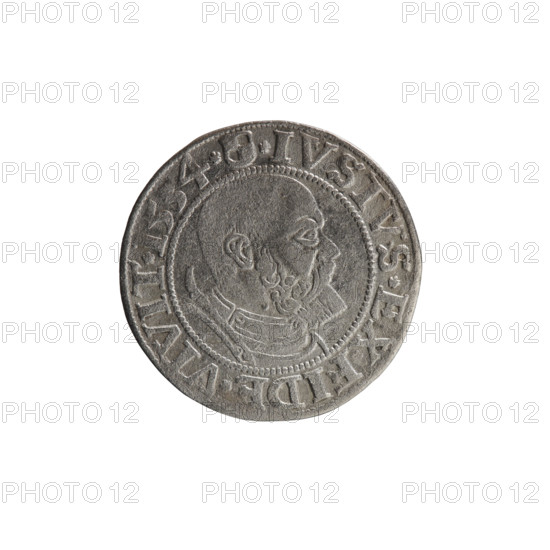 grosz; Straub (Strawb), Heinrich, publisher; Wille, Albrecht (fl. 1520-?), publisher; Decjusz, Jost Ludwik (fl. 1528-1535); eagles; Albrecht Hohenzollern (Prince of Prussia; 1490-1568) - iconography; male busts in armour; Hohenzollern (coat of arms); Prussian Eagle with on its breast a crowned letter S. Along the rim, between the pearly borders, an inscription beginning with a rosette ALBER*D*G*MAR*BRAN*DVX*PRVS. Reverse: male bust in armor, profile turned to the right, short hair, beard with sideburns. Along the rim, between the pearly borders, an inscription beginning with the Hohenzollern coat of arms *IVSTVS*EX*FIDE*VIVIT*I534*. 1534, Königsberg, Ducal Prussia (1525–1701). Coin: diameter 22.6 mm, weight 1.91 g, axis 160°.