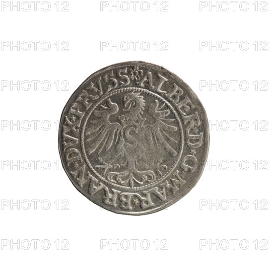 Decius Grosz, Jost Ludwik (fl. 1528–1535). Coin (1535), Königsberg, Ducal Prussia (1525–1701). Obverse: Prussian eagle; on his chest a crowned letter S. In the rim between pearl borders an inscription beginning with a rosette: ALBER*D*G*MAR*BRAN*DVX*PRVSS. Reverse: male bust in armor in profile to the right, short hair, beard with sideburns. In the rim between pearl borders an inscription beginning with the Hohenzollern coat of arms; between the words trefoils IVSTVS EX FIDE VIVIT. Diameter 23.3 mm; weight 1.95 g; axis 90°.