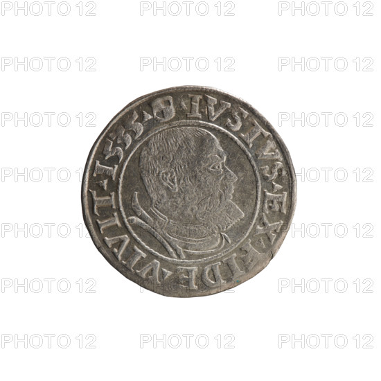 Decius Grosz, Jost Ludwik (fl. 1528–1535). Albrecht Hohenzollern (Prince of Prussia; 1490–1568) — coin, 1535, Königsberg, Ducal Prussia (1525–1701). Obverse: Prussian eagle; on its chest a crowned letter S. In the rim between the pearl borders an inscription beginning with a rosette: ALBER*D*G*MAR*BRAN*DVX*PRVSS. Reverse: male bust in armor in profile turned to the right, short hair, beard with sideburns. In the rim between the pearl borders an inscription beginning with the Hohenzollern coat of arms; between the words trefoils IVSTVS EX FIDE VIVIT. Coin: diameter 23.3 mm; weight 1.95 g; axis 90°.