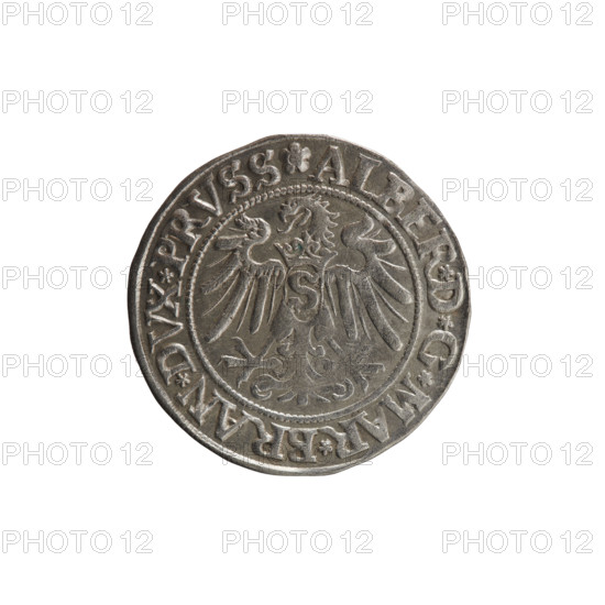grosz; Straub (Strawb), Heinrich, publisher; Wille, Albrecht (fl. 1520-?), publisher; Decjusz, Jost Ludwik (fl. 1528-1535); Albrecht Hohenzollern (Prince of Prussia; 1490–1568) — iconography: eagles, Hohenzollern coat of arms, male busts in armour; obverse: Prussian Eagle with on its breast a crowned letter S; along the rim between pearly borders, inscription beginning with a rosette ALBER*D*G*MAR*BRAN*DVX*PRVSS; reverse: male bust in armor, profile turned to the right, short hair, beard with sideburns; along the rim between the pearly borders, inscription beginning with the Hohenzollern coat of arms *IVSTVS*EX*FIDE*VIVIT*I534*; dated 1534, Königsberg, Ducal Prussia (1525–1701); coin: diameter 23.3 mm, weight 1.94 g, axis 350°.