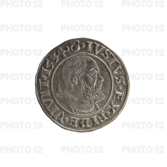 Publisher: Grosz; Straub (Strawb), Heinrich; Wille, Albrecht (fl. 1520-?); Decjusz, Jost Ludwik (fl. 1528-1535). Subject/maker: Albrecht Hohenzollern (Prince of Prussia; 1490–1568). Iconography: eagles, Hohenzollern coat of arms, male busts in armour. Obverse: Prussian eagle with on its breast a crowned letter S; along the rim between pearly borders an inscription beginning with a rosette 'ALBER*D*G*MAR*BRAN*DVX*PRVSS'. Reverse: male bust in armour, profile turned to the right, short hair, beard with sideburns; along the rim between pearly borders an inscription beginning with the Hohenzollern coat of arms '*IVSTVS*EX*FIDE*VIVIT*I534*'. Date/place: 1534, Königsberg, Ducal Prussia (1525–1701). Object type: coin. Dimensions: diameter 23.3 mm; weight 1.94 g; axis 350°.