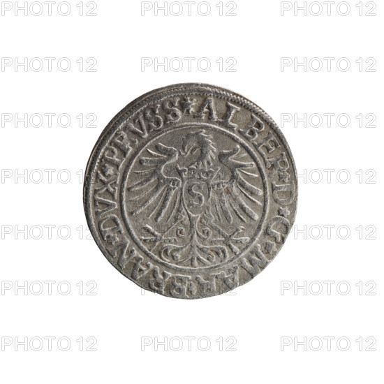 grosz, Decius, Jost Ludwik (fl. 1528-1535); 1535, Königsberg, Ducal Prussia (1525–1701). Coin (grosz): diameter 23.2 mm, weight 1.94 g, axis 180°. Obverse: Prussian eagle, on its chest a crowned letter S; in the rim between the pearl borders an inscription beginning with a rosette in the shape of a cornflower ALBER*D*G*MAR*BRAN*DVX*PRVSS. Reverse: male bust in armor in profile turned to the right, short hair, beard with sideburns; in the rim between the pearl borders an inscription beginning with the Hohenzollern coat of arms *IVSTVS*EX*FIDE*VIVIT*I535*.