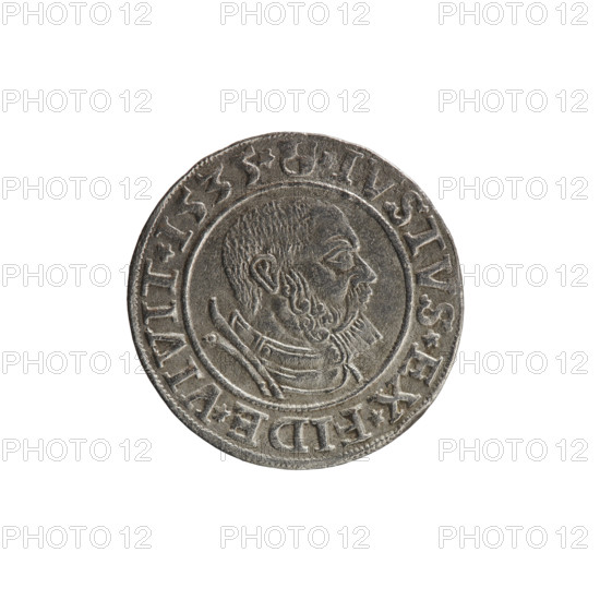 grosz, Decius, Jost Ludwik (fl. 1528–1535); 1535, Königsberg, Ducal Prussia (1525–1701). Coin (grosz): diameter 23.2 mm, weight 1.94 g, axis 180°. Obverse: Prussian eagle; on its chest a crowned letter S. In the rim between the pearl borders an inscription beginning with a rosette in the shape of a cornflower: ALBER*D*G*MAR*BRAN*DVX*PRVSS. Reverse: male bust in armor in profile turned to the right, short hair, beard with sideburns. In the rim, between the pearl borders, an inscription beginning with the Hohenzollern coat of arms: *IVSTVS*EX*FIDE*VIVIT*I535*.
