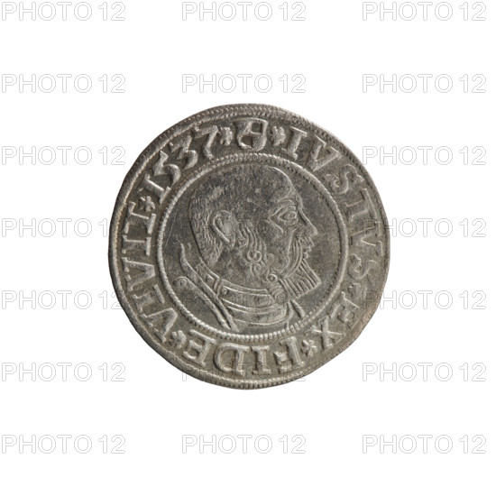 grosz; Vogelwaider (Vogelwaid), Eustachius, publisher; Decius, Jost Ludwik (fl. 1528–1535); R (rarity); eagles; Albrecht Hohenzollern (Prince of Prussia; 1490–1568) — iconography; male busts in armor; Hohenzollern (coat of arms). Obv.: Prussian eagle, on its chest a crowned letter S. On the rim between the pearl borders an inscription beginning with a rosette ALBER*D*G*MAR*BRAN*DVX*PRVSS. Rev.: male bust in armor, profile turned to the right, short hair, beard with sideburns. On the rim, between the pearl borders, an inscription beginning with the Hohenzollern coat of arms: *IVSTVS*EX*FIDE*VIVIT*I537*. Date: 1537, place: Königsberg, Ducal Prussia (1525–1701). Coin; diameter 23.6 mm; weight 1.99 g; axis 180°.