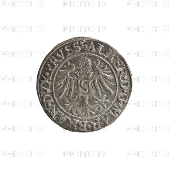 Decius Grosz (fl. 1528–1535). Coin (1535, Königsberg, Ducal Prussia). Obverse: Prussian eagle; on its chest a crowned letter S. In the rim between the pearl borders an inscription beginning with a rosette ALBER*D*G*MAR*BRAN*DVX*PRVSS. Reverse: Male bust in armor in profile turned to the right, short hair, beard with sideburns; in the rim between the pearl borders an inscription beginning with the Hohenzollern coat of arms *IVSTVS *EX *FIDE *VIVIT *I535*. Subject: Albrecht Hohenzollern (Prince of Prussia; 1490–1568). Iconography includes eagles, Hohenzollern coat of arms, male busts in armor. Coin: diameter 22.9 mm, weight 1.98 g, axis 0°.