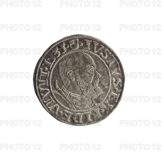 grosz, Decius, Jost Ludwik (fl. 1528–1535), Albrecht Hohenzollern (Prince of Prussia; 1490–1568) — iconography: eagles, Hohenzollern (coat of arms), male busts in armor. Obverse: Prussian eagle, on his chest a crowned letter S; in the rim between the pearl borders an inscription beginning with a rosette ALBER*D*G*MAR*BRAN*DVX*PRVSS. Reverse: male bust in armor in profile turned to the right, short hair, beard with sideburns; in the rim between the pearl borders an inscription beginning with the Hohenzollern coat of arms *IVSTVS *EX *FIDE *VIVIT *I535*. 1535, Königsberg, Ducal Prussia (1525–1701). Coin; diameter 22.9 mm, weight 1.98 g, axis 0°.