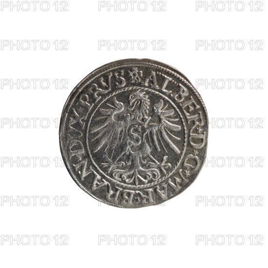 grosz, Decius, Jost Ludwik (fl. 1528-1535). Albrecht Hohenzollern (Prince of Prussia; 1490-1568) — iconography: eagles, Hohenzollern coat of arms, male busts in armor. Obverse: Prussian eagle, on its chest a crowned letter S; in the rim between pearl borders an inscription beginning with a rosette ALBER*D*G*MAR*BRAN*DVX*PRVS. Reverse: male bust in armor in profile to the right, short hair, beard with sideburns; on the rim between the pearl borders an inscription beginning with the Hohenzollern coat of arms; between the words trefoils IVSTVS E, FIDE VIVIT. Date: 1535, Königsberg, Ducal Prussia (1525–1701). Coin: diameter 23.5 mm, weight 1.82 g, axis 315°.