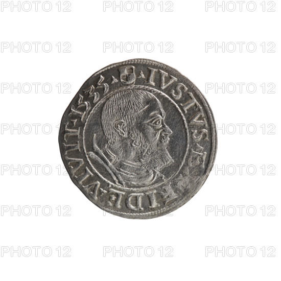 grosz, Decius, Jost Ludwik (fl. 1528–1535). Albrecht Hohenzollern (Prince of Prussia; 1490–1568) — iconography: eagles, Hohenzollern coat of arms, male busts in armor. Obverse: Prussian eagle, on its chest a crowned letter S. In the rim between the pearl borders an inscription beginning with a rosette ALBER*D*G*MAR*BRAN*DVX*PRVS. Reverse: male bust in armor in profile turned to the right, short hair, beard with sideburns. On the rim, between the pearl borders, an inscription beginning with the Hohenzollern coat of arms. Between the words trefoils IVSTVS E, FIDE VIVIT. 1535. Königsberg, Ducal Prussia (1525–1701). Coin: diameter 23.5 mm, weight 1.82 g, axis 315°.