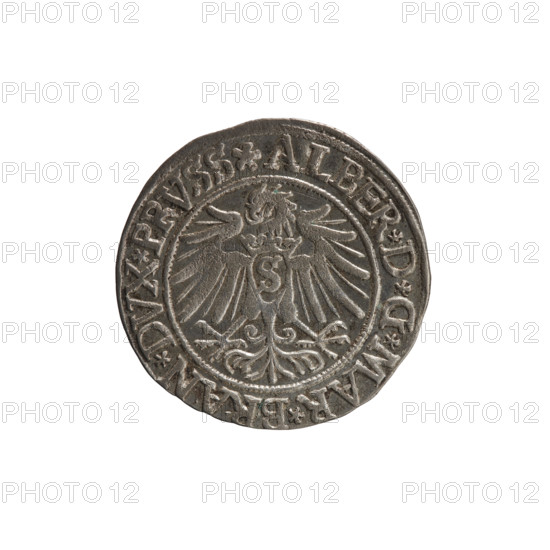 grosz, Vogelwaider (Vogelwaid), Eustachius, Decius, Jost Ludwik (fl. 1528–1535), publisher; R (rarity); Albrecht Hohenzollern (Prince of Prussia; 1490–1568) — iconography: eagles, Hohenzollern coat of arms, male busts in armor. Obv.: Prussian eagle, on its chest a crowned letter S; on the rim between the pearl borders an inscription beginning with a rosette ALBER*D*G*MAR*BRAN*DVX*PRVSS. Rev.: male bust in armor, profile turned to the right, short hair, beard with sideburns; on the rim between the pearl borders an inscription beginning with the Hohenzollern coat of arms: *IVSTVS*EX*FIDE*VIVIT*I537*. 1537, Königsberg, Ducal Prussia (1525–1701). Coin: diameter 23.5 mm, weight 1.98 g, axis 135°.