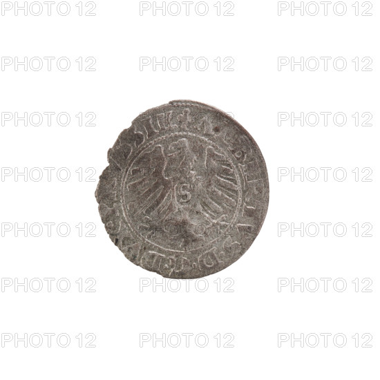 szelag; Goebell, Hans, publisher; Nimptsch (Nimsch), Hans; R (rarity); eagles; rosettes; Hohenzollern (coat of arms); Albrecht Hohenzollern (Prince of Prussia; 1490–1568). Obv.: Prussian eagle, on its chest the crowned letter S. On the rim, between the pearl borders, an inscription beginning with a trefoil. Between the words, one dot. ALBERTVS DG DVX PRVSSIE. Reverse: the letter A, below which the heraldic shield of the Hohenzollerns; on both sides of the letter, one rosette. On the rim between the pearl borders an inscription: SOLIDVS PRVSSIE 1553 (rosettes between words). 1553, Königsberg, Ducal Prussia (1525–1701). Coin; diameter 19.2 mm; weight 0.79 g; axis 170°.