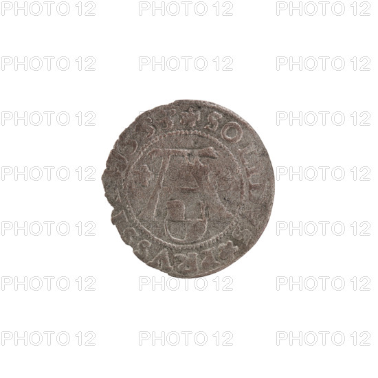 szelag, Goebell, Hans, publisher, Nimptsch (Nimsch), Hans, R (rarity), eagles, rosettes, Hohenzollern (coat of arms), Albrecht Hohenzollern (Prince of Prussia; 1490-1568). Obv. Prussian eagle, on its chest the crowned letter S. On the rim, between the pearl borders, an inscription beginning with a trefoil. Between the words, one dot. ALBERTVS DG DVX PRVSSIE. The letter A, below which the heraldic shield of the Hohenzollerns. On both sides of the letter, one rosette. On the rim between the pearl borders there is an inscription: SOLIDVS PRVSSIE 1553 (at the beginning of the legend and between the words — rosette). 1553, Königsberg, Ducal Prussia (1525–1701). Coin: diameter 19.2 mm, weight 0.79 g, axis 170°.