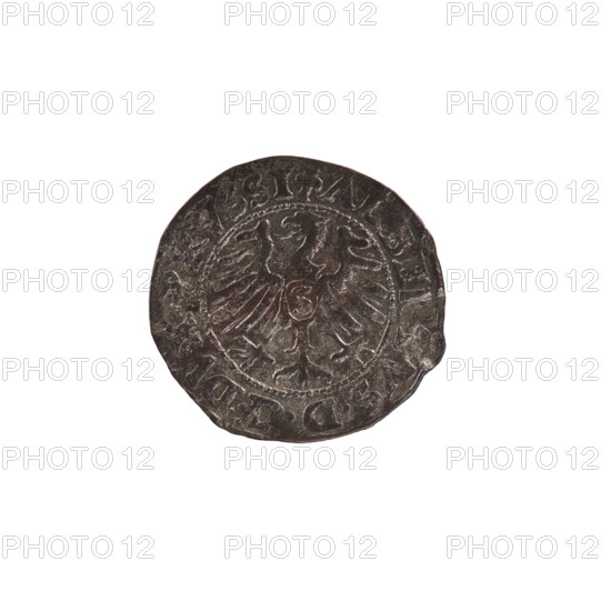 szelag; Nimptsch (Nimsch), Hans; Goebell, Hans, publisher; R2 (rarity); eagles; Hohenzollern (coat of arms); rosettes; Albrecht Hohenzollern (Prince of Prussia; 1490–1568). Obv.: Prussian eagle with crowned letter S on its chest; on the rim, between pearl borders, an inscription beginning with a trefoil; between words, one dot. Legend: ALBERTVS DG DVX PRVSSI. Rev.: Letter A with the Hohenzollern heraldic shield below; one rosette on both sides of and above the letter. Inner legend between pearl borders: SOLIDVS PRVSSIE 1554 (rosettes at the beginning of the legend and between words). 1554, Königsberg, Ducal Prussia (1525–1701). Coin; diameter 20.3 mm; weight 1.13 g; axis 160°.