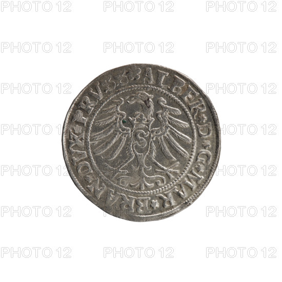 grosz, Decius, Jost Ludwik (fl. 1528-1535), Wille, Albrecht (fl. 1520-?), publisher, Straub (Strawb), Heinrich, publisher, R1 (rarity), eagles, Albrecht Hohenzollern (Prince of Prussia; 1490-1568) - iconography, Hohenzollern (coat of arms), male busts in armour, Aw. Prussian Eagle, on its breast a crowned letter S. Along the rim, between the pearly borders, an inscription beginning with a rosette ALBER*D*G*MAR*BRAN*DVX*PRVSS. Rw. Male bust in armor, profile turned to the right, short hair, beard with sideburns. Along the rim, between the pearly borders, an inscription beginning with the Hohenzollern coat of arms *IVSTVS*EX*FIDE*VIVIT*I53I*. 1531, Ducal Prussia (1525-1701), Königsberg, coin: diameter 23.0 mm, weight 1.99 g, axis 135 degrees.