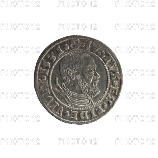 grosz, Decius, Jost Ludwik (fl. 1528-1535), Wille, Albrecht (fl. 1520-?), publisher, Straub (Strawb), Heinrich, publisher, R1 (rarity), eagles, Albrecht Hohenzollern (Prince of Prussia; 1490-1568) - iconography, Hohenzollern (coat of arms), male busts in armour, Aw. Prussian Eagle, on its breast a crowned letter S. Along the rim, between the pearly borders, an inscription beginning with a rosette ALBER*D*G*MAR*BRAN*DVX*PRVSS Rw. Male bust in armor, profile turned to the right, short hair, beard with sideburns. Along the rim, between the pearly borders, an inscription beginning with the Hohenzollern coat of arms *IVSTVS*EX*FIDE*VIVIT*I53I*, 1531, Ducal Prussia (1525-1701), Königsberg, coin, coin: diameter 23.0 mm, weight 1.99 g, axis 135 degrees.