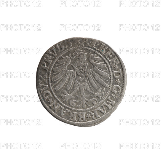 Decius Grosz; Jost Ludwik (fl. 1528–1535), publisher Straub (Strawb); Heinrich, publisher Wille; Albrecht (fl. 1520–?), publisher. Coin, 1532, Ducal Prussia (1525–1701), Königsberg. Aw: Prussian eagle with on its breast a crowned letter S; along the rim between pearly borders an inscription beginning with a rosette 'ALBER*D*G*MAR*BRAN*DVX*PRVSS'. Rw: Male bust in armour, profile right, short hair, beard with sideburns; along the rim between pearly borders an inscription beginning with the Hohenzollern coat of arms '*IVSTVS*EX*FIDE*VIVIT*I53Z*'. Diameter 22.8 mm; weight 1.86 g; axis 315°. Iconography: Albrecht Hohenzollern (Prince of Prussia; 1490–1568), eagles, Hohenzollern coat of arms, male busts in armour.
