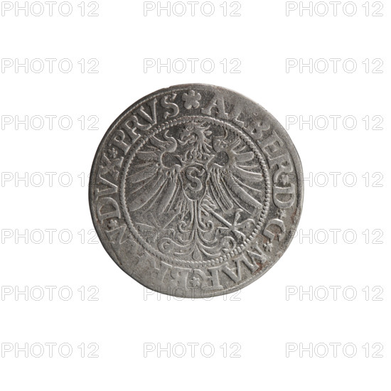 grosz, Straub (Strawb), Heinrich, publisher, Wille, Albrecht (fl. 1520-?), publisher, Decjusz, Jost Ludwik (fl. 1528-1535), Albrecht Hohenzollern (Prince of Prussia; 1490-1568) - iconography, eagles, Hohenzollern (coat of arms), male busts in armour, Aw. Prussian Eagle, on its breast a crowned letter S. Along the rim, between the pearly borders, an inscription beginning with a rosette ALBER*D*G*MAR*BRAN*DVX*PRVS. Rw. Male bust in armor, profile turned to the right, short hair, beard with sideburns. Along the rim, between the pearly borders, an inscription beginning with the Hohenzollern coat of arms *IVSTVS*EX*FIDE*VIVIT*I533*. 1533, Ducal Prussia (1525-1701), Königsberg, coin: diameter 22.7 mm, weight 1.77 g, axis 315 degrees.
